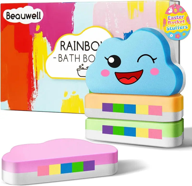 Rainbow Bath Bombs for Kids, Handmade 4 Pcs Kid Bath Bombs Gift Set, Easter Basket Stuffers for Kids Girls Bubble Bath